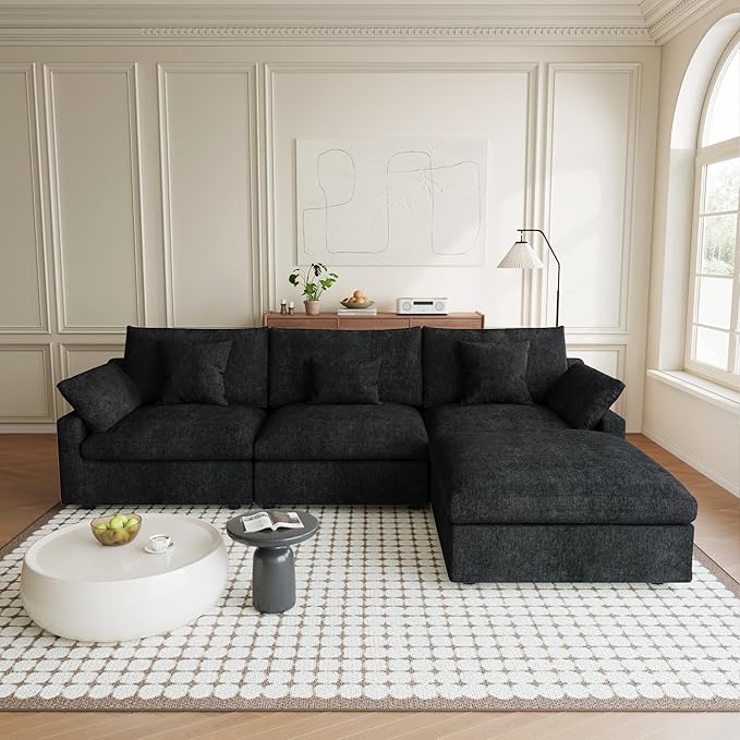 Modular Sectional Sofa Cloud Couch, 119.29" L Shaped Couch with Chaise Ottoman, Linen Blend Fabric Minimalist Deep Seat Couches for Living Room, Sofa Covers Washable&Removable, Black