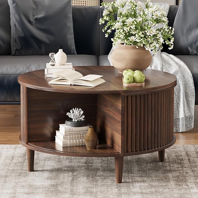 Lift Top Coffee Table with Storage, Fluted Round Center Table with Sliding Cabinet Door, Small Circle Table for Living Room, Walnut