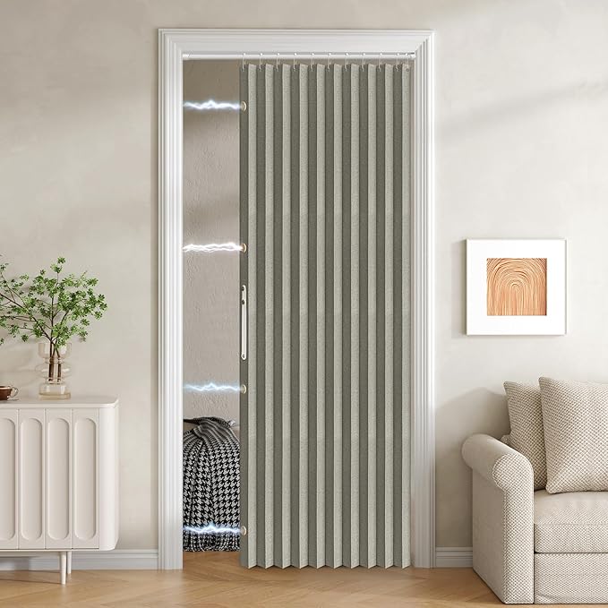 Jilron 100% Blackout Fabric Folding Door Curtain with Magnetic Closure - Accordion Style for Sliding Doors, Closets,Wardrobe and Temporary Door Solutions Doorway Curtains（W42 x L78, Grey 1 Panel）