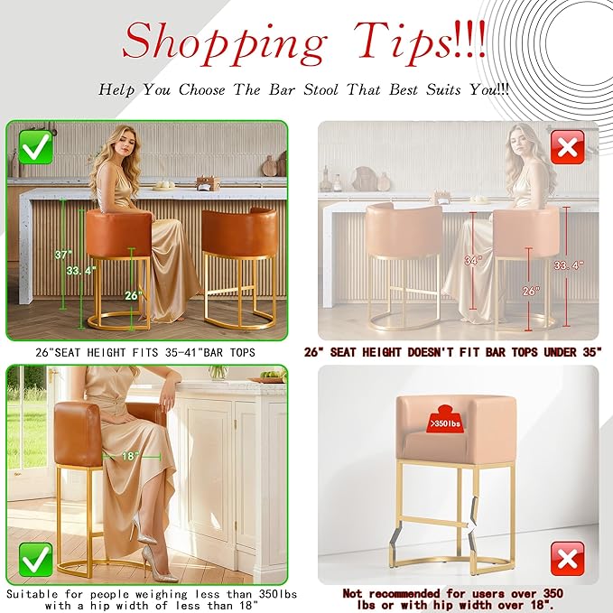 Modern Counter Height Bar Stools,Bar Stools Set of 4,PU Leather Upholstered Barrel Barstools with Backs,26'' Kitchen Island Chairs,Metal Gold Frames,Camel Brown Leather