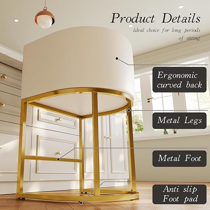 Modern Counter Height Bar Stools,Bar Stools Set of 3,PU Leather Upholstered Barrel Barstools with Backs,26'' Kitchen Island Chairs,Metal Gold Frames,Beige White Leather