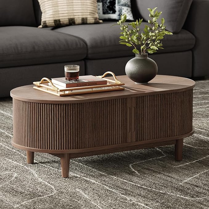 LINSY HOME Oval Coffee Table, Wood Coffee Table with Storage, Fluted Accent Center Table with Sliding Tambour Door, 39" Mid Century Modern Coffee Tables for Living Room, Bedroom, Apartment, Walnut