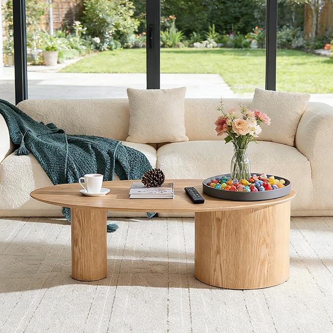 47.24” Oval Coffee Table, Modern Center Table with Storage & Removable Tray, Dinning Table, MDF Side Table for Living Room, Apartment, Small Space, Office.(Natural)