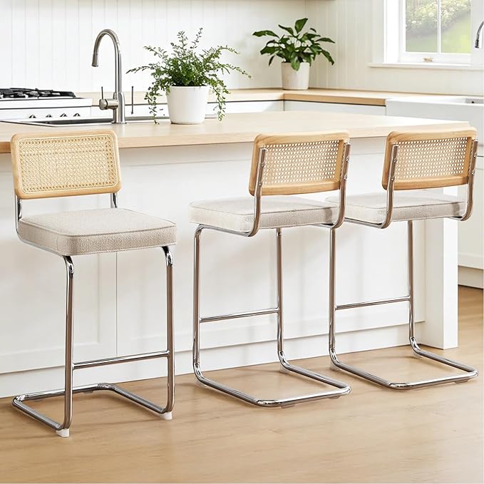 Zesthouse Rattan Counter Stools Set of 3, 26'' Mid Century Modern Bar Stool, Linen Fabric Counter Height Barstool with Solid Wood Back & Natural Cane Mesh, Boho Cantilever Island Chair Beige Yellowish
