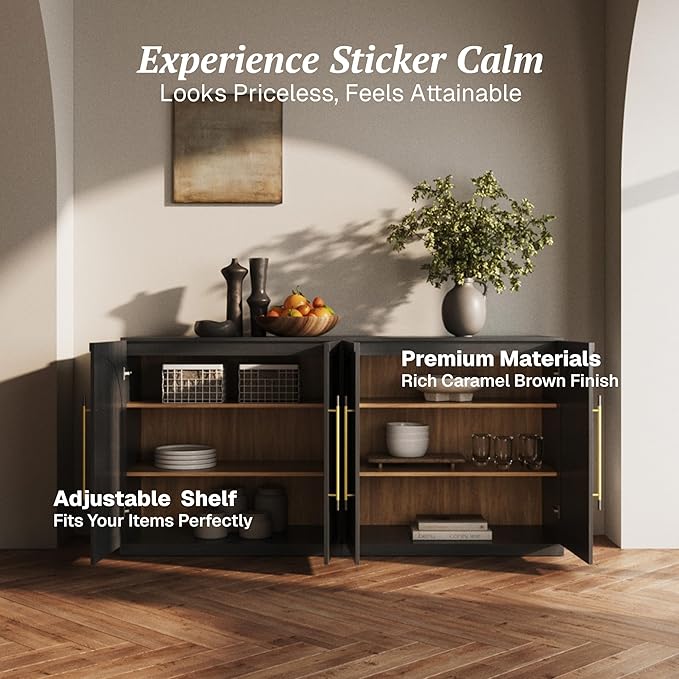 BELLEZE 65" Arched Sideboard with Glass Door, Accent Buffet Cabinet with Storage and Adjustable Shelves, Classic Modern Large Console Table for Dining Room Living Room Entryway (Ebony)
