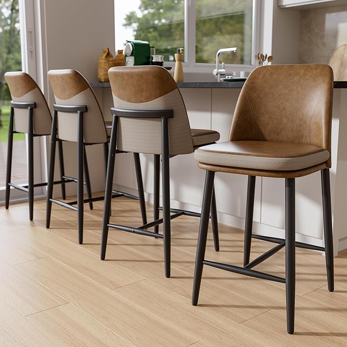 GXJ Bar Stools Set of 4, Upholstered Counter Height Bar Stools, 26 Inch Modern Counter Stools with Back, Textured Leather&Fabric, Metal Legs,Barstools for Kitchen Island Dining Room, Brown
