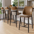 GXJ Bar Stools Set of 4, Upholstered Counter Height Bar Stools, 26 Inch Modern Counter Stools with Back, Textured Leather&Fabric, Metal Legs,Barstools for Kitchen Island Dining Room, Brown