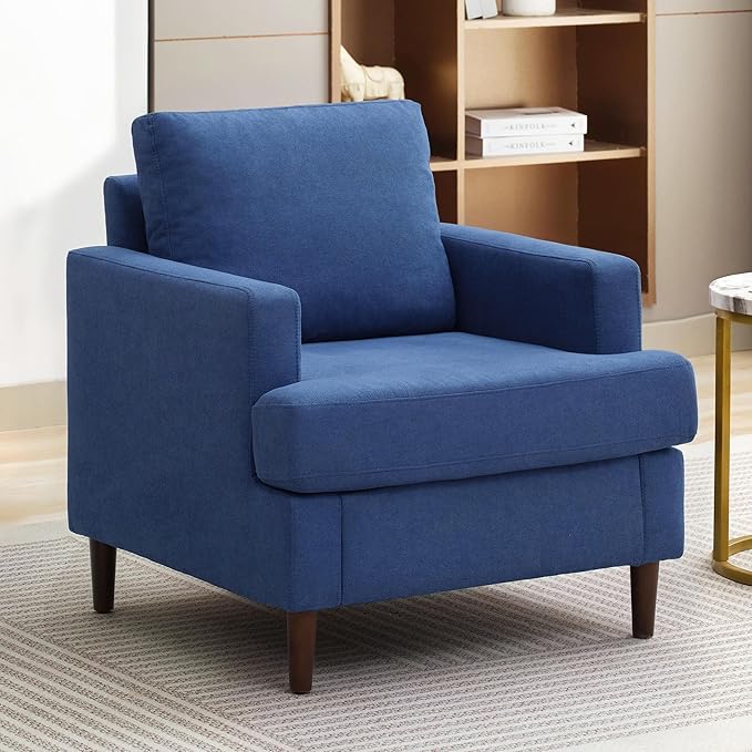 Weture Mid-Century Accent Chair,Modern Linen Fabric Armchair for Living Room,Comfy Upholstered Reading Accent Chairs for Bedroom,Single Sofa Chair with Wood Legs (Blue, 1 Pack)