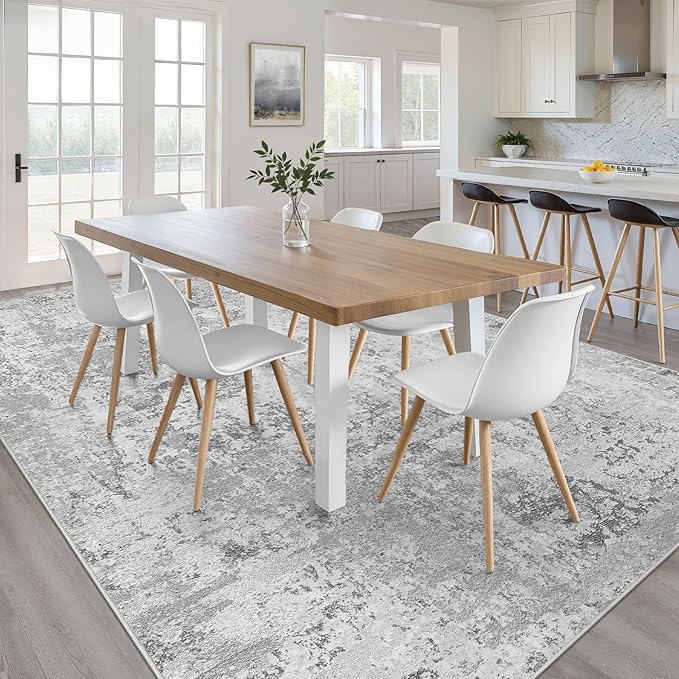 6x9 Area Rugs Living Room: Washable Large Neutral Rug Abstract Soft Modern Stain Resistant Indoor Floor Non-Slip Carpet for Bedroom Nursery Kids Office Playroom Dining Room Under Table- Light Gray
