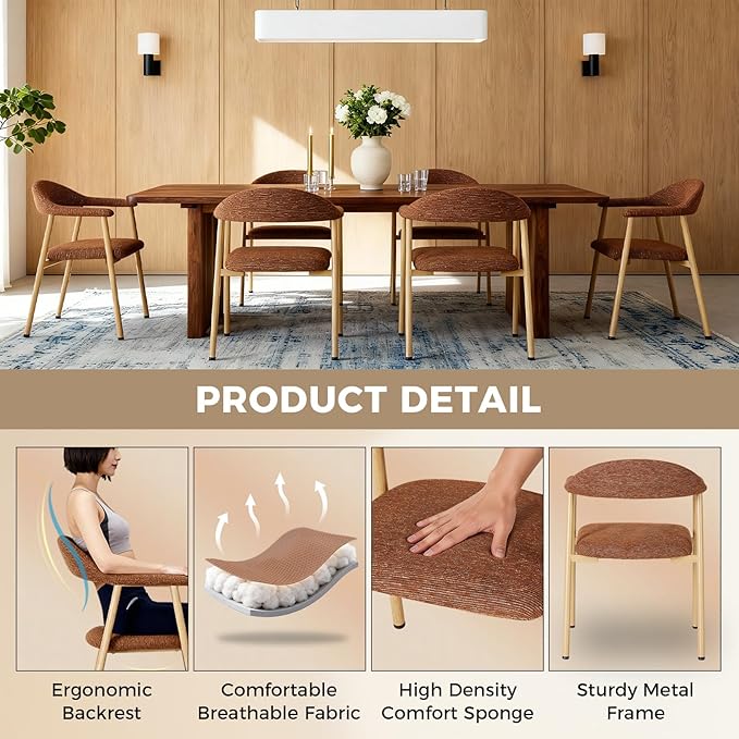 DUMOS Dining Chairs Set of 4, Linen Fabric Upholstered Kitchen Side Chairs with Curved Backrest & Metal Legs, Modern Farmhouse Accent Chairs for Dining Room Kitchen Living Room Cafe, Orange