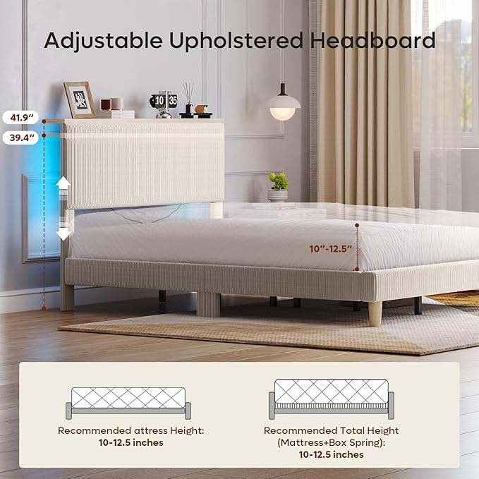 Bestier Full Bed Frame with Adjustable Headboard & LEDLighting, Corduroy Upholstered Platform Bed Frame withStorage Shelf, Solid Wood Slats, No Box Spring Needed,Never Squeak, Easy Assembly, Beige