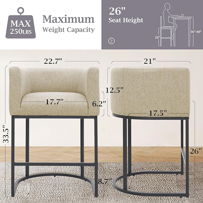 ClinQ 26" H Counter Height Bar Stools Set of 2, Modern Barrel Counter Stools with Backrest and Arms, Black Metal Frames, Linen Fabric Upholstered Accent Barstools for Kitchen Island, Camel