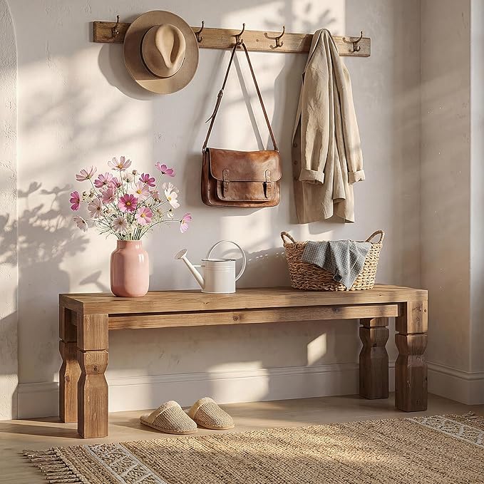 LITTLE TREE Solid Wood Bench, 55-Inch Long Farmhouse Wooden Bench Seat for Entryway, End of Bed, Dining Room, Living Room, Easy Assembly, Rustic Brown