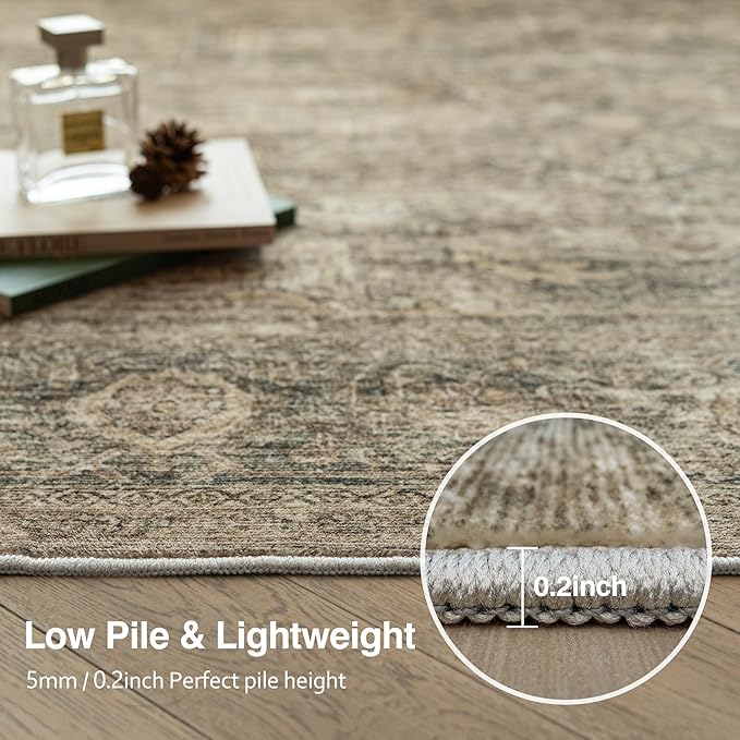 Fmfunctex 8x10 Washable Area Rug Brown Vintage Neutral Distressed Oriental Large Non Slip Carpet for Living Room Bedroom Soft Low Pile Indoor Mat Retro Throw Rug for Dining Room Kitchen Office Nursery