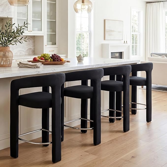 HNY 26 Inch Modern Tall Barrel Bar Stools Set of 4, Velvet Upholstered Barstools with Open Backs, Counter Height Bar Stools Chairs with Armrest for Kitchen Island, Black