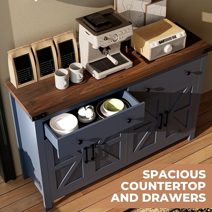 VVFLU 55'' Buffet Cabinet with Storage, Farmhouse Kitchen Storage Cabinet with 4 Doors and 2 Drawers, Coffee Bar Buffet Sideboard for Kitchen, Dining Room, Living Room, Blue Wood