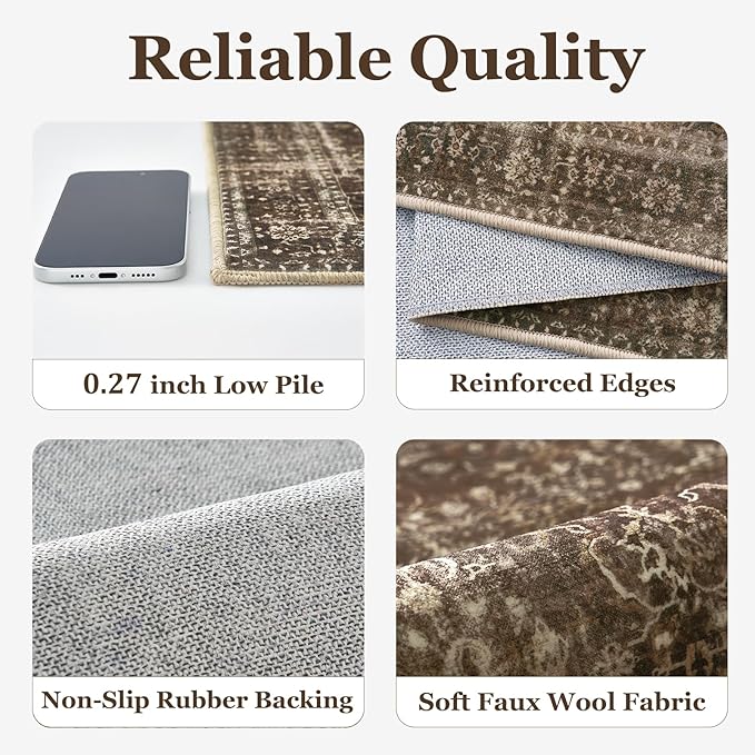 8x10 Dark Brown Rugs for Living Room, Vintage Distressed Aesthetic Large Rug for Bedroom Under Bed, Washable Non Slip Low Pile Carpet Rugs for Dining Room Home Office, Earth Tone Coffee Brown