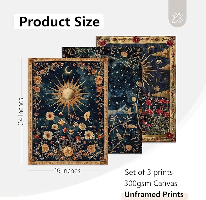 Tocliky Moon Sun Gothic Wall Art Tarot Card Celestial Canvas Poster Witchy Vintage Wall Decor Boho Floral Aesthetic Painting Dark Academia Mystical Astrology Posters for Bedroom 16x24x3 Inch Unframed