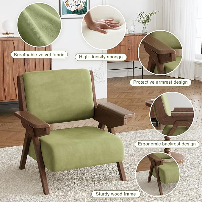 Accent Chair Mid Century Modern Chair, Velvet Upholstered Lounge Arm Chair with Solid Wood, Cozy Reading Chair for Living Room, Bedroom, Balcony (Green, Single Chair)
