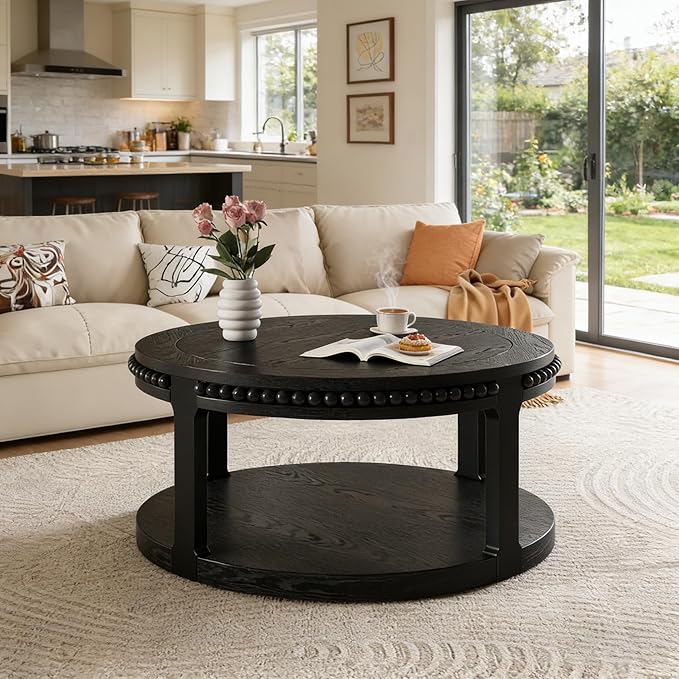 31.5" Round Wood Coffee Table, 2 Tier Modern Center Table,Solid Wood+MDF, Easy Assembly, Accent Table for Living Room, Apartment, Small Space. (Black)