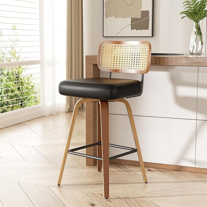 Swivel Bar Stools Set of 1, 26" Upholstered Faux Leather Counter Height Barstools with Rattan Back & Bentwood Legs, Mid Century Modern Bar Chairs Island Stools for Kitchen Counter, Black