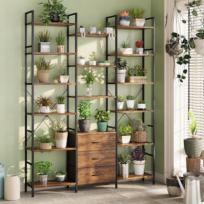 AFLUI Triple Bookshelf with 3 Fabric Drawers, 6-Tier Book Shelf and 10 Display Shelves, Industrial Large Bookcase for Home & Office, Rustic Brown, 47'' Wide