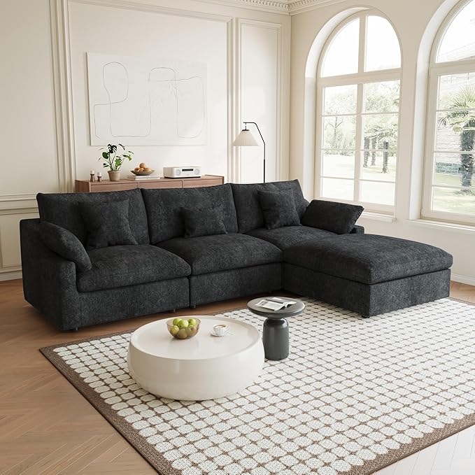 Modular Sectional Sofa Cloud Couch, 119.29" L Shaped Couch with Chaise Ottoman, Linen Blend Fabric Minimalist Deep Seat Couches for Living Room, Sofa Covers Washable&Removable, Black