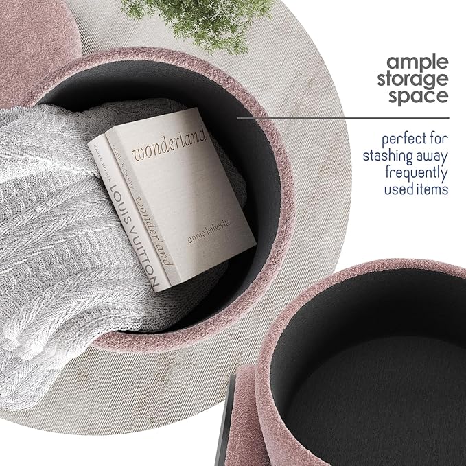 STORAGEBUD Round Ottoman with Storage, Boucle Storage Ottoman, Foot Stool Ottoman, Makeup Vanity Stool, Small Ottomans Foot Rest, Modern Ottomans for Living Room and Bedroom, Pink