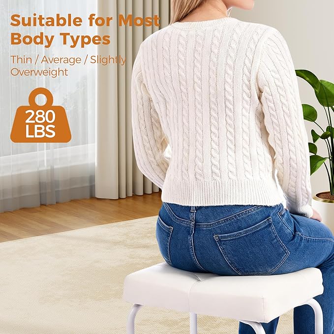 BEWISHOME White Vanity Chair, Leather Vanity Stool, Small Stool Chair for Vanity, Square Ottoman Foot Stool, Makeup Vanity Chairs with Thick Padded Seat for Small Spaces, Bathroom, Bedroom, Entryway
