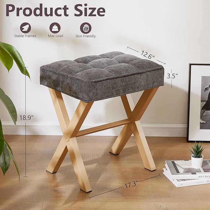 Royal Windsor Vanity Stool,Square Ottoman Stool Foot Rest,Upholstered Vanity Chair Foot Stool with Metal X Legs, Small Vanity seat for Entryway,Bedroom and Living Room,Dark Grey+Yellow