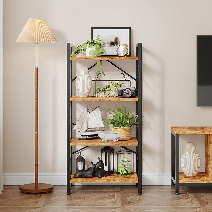 DurayLoly 4 Tier Bookshelf, Industrial Bookcase with Metal Frame and Sidebars, Small Bookshelf for Bedroom, Home Office and Living Room, Rustic Brown