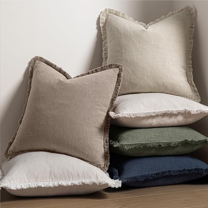 MIULEE Decorative Throw Pillow Covers Neutral Linen Fringe Throw Pillows Euro Shams Set of 2 Dune Boho Farmhouse Cushion Covers for Couch Sofa Bed Living Room Spring Home Decor 24x24 Inch