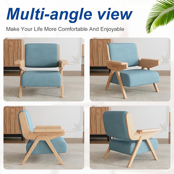Accent Chair Mid Century Modern Chair, Velvet Upholstered Lounge Arm Chair with Solid Wood, Cozy Reading Chair for Living Room, Bedroom, Balcony (Blue, Single Chair)