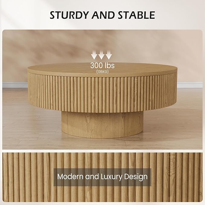 YOUDENOVA 35” Round Fluted Coffee Table, Modern Wood Circle Coffee Table, Veneer Handcrafted Relief Tea Table with Sturdy Pedestal for Living Room, Easy Assembly - Natural