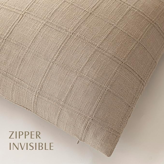 Foindtower Set of 2 Decorative Linen Check Throw Pillow Covers Neutral Farmhouse Vintage Cushion Covers Modern Coastal Boho Home Decor for Sofa Chair Couch Bedroom Living Room,22×22 Inch,Camel