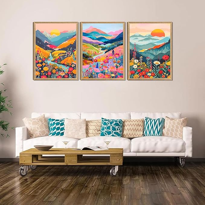 Yudinbin Colorful Mountain Poster Wall Art Set of 3 Boho Watercolor Flower Picture Wall Decor Abstract Nature Landscape Artwork Paintings Print for Living Room Bedroom Office 16x24In Unframed