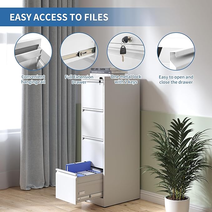 4 Drawer File Cabinet with Lock, Metal Vertical Filing Cabinets for Home Office, Heavy Duty File Storage Cabinet for Letter/Legal/A4/F4 Size File, Assembly Required, White