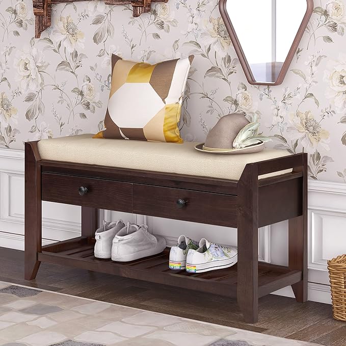 LUMISOL Storage Bench, Shoe Rack with Upholstered Seat and 2 Drawers, Solid Wood Entryway Storage Bench with Shoe Rack for Entryway, Living Room, Bedroom, Espresso