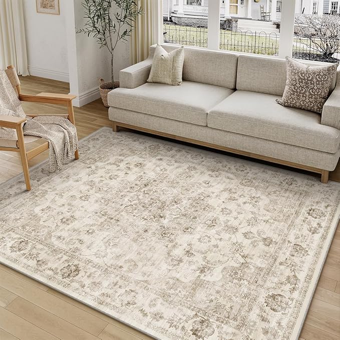 5x8 Washable Neutral Area Rug Beige Vintage Living Room Bedroom Carpet Non-Slip Soft Low Pile Farmhouse Indoor Throw Rug for Dining Room Entryway Office