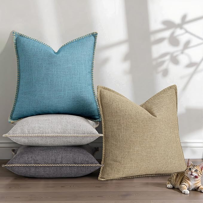 decorUhome Summer Decorative Throw Pillow Covers 24x24 Set of 2 Square Faux Linen Farmhouse Euro Sham Pillow Covers with Stitched Edge Outdoor Pillow Covers for Couch Sofa Living Room, Teal