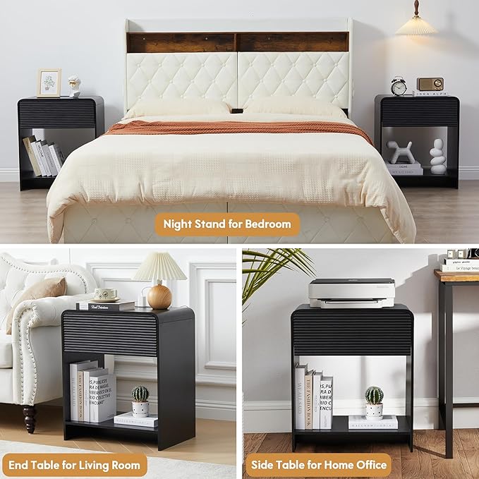 XUZENEST Fluted Nightstand Set of 2 with Charging Station, Modern Bed Side Table End Table with Drawer Storage, Large Wooden Night Stands Bedside for Bedroom Living Room Sofa Office, Black 2 Sets