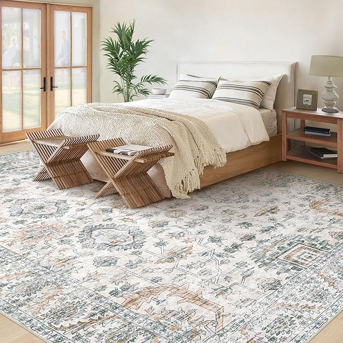 XLUEZ Area Rug 10x14 Living Room Rugs, Machine Washable Vintage Distressed Boho Area Rug Non-Slip Soft Low Pile Large Indoor Rugs for Bedroom Kitchen Dining Room Office(Brown Green,10'x14')