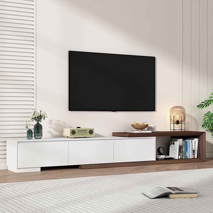 chartustriable Extendable TV Stand with 3 Drawers, Modern Minimalist Entertainment Center, Reversible Long TV Media Console, Bevel Design, 82-107.3 Inch, White & Walnut