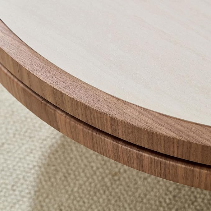 35.43" Farmhouse Round Coffee Table with Sintered Stone Tabletop, Sturdy Wood MDF Pedestal Coffee Tables for Living Room, Modern Circle Center Tea Table for Apartment, Office Bedroom Walnut