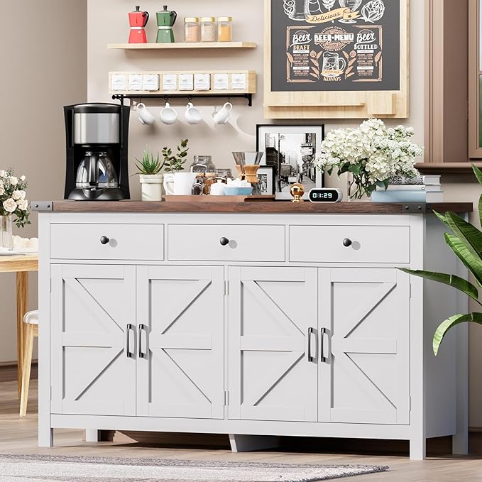 VVFLU 63" Large Sideboard Buffet Cabinet with Storage, Coffee Bar with 3 Drawers and 4 Barn Doors, Modern Farmhouse Storage Cabinet, for Kitchen, Dining Room, Living Room, White Wood