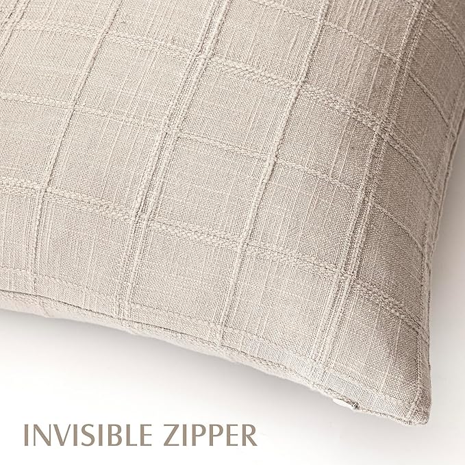 Foindtower Set of 2 Decorative Linen Check Throw Pillow Covers Neutral Farmhouse Vintage Cushion Covers Modern Boho Home Decor for Sofa Chair Couch Bedroom Living Room,16×16 Inch,Natural Linen