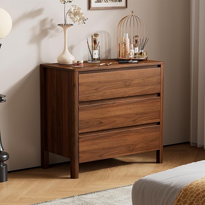Furniway 31.5" Mid-Century Modern Dresser for Bedroom, 3 Drawer Small Chest of Drawers with Solid Wood Legs, Large Storage Bedroom Dresser, Walnut