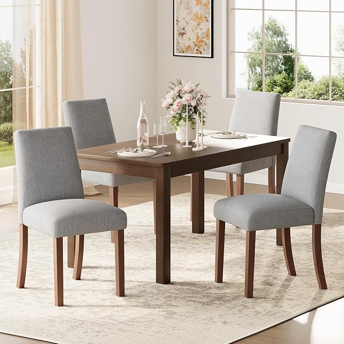 Dining Chairs Set of 4, Modern Dining Room Chairs with Wooden Legs, Upholstered Kitchen Farmhouse Parsons Chairs for Restaurant & Cafe- Gray
