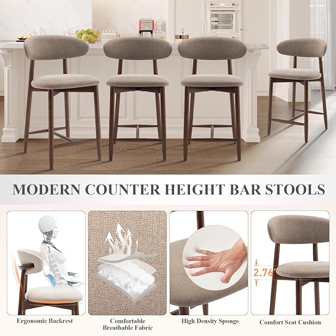 Upholstered Counter Height Bar Stools Set of 6, Kitchen Island Stools with Back, Modern Counter Stools Island Bar Chairs with Wood Legs for Kitchen Island Dining Room Bar, Camel