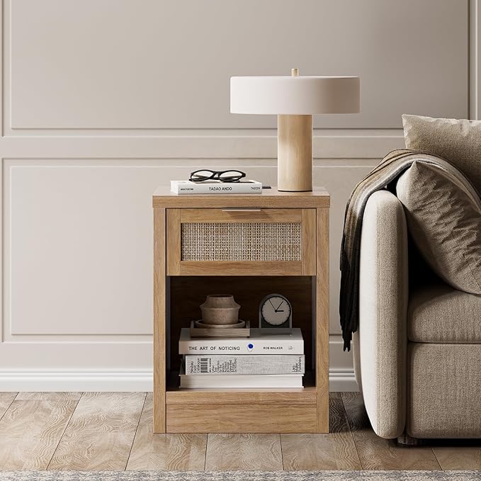 Walsham Night Stand, Rattan Nightstand with Charging Station, Modern End Table with Drawers, Bed Side Tables for Bedroom Living Room Sofa Couch Office (Weathered Oak)